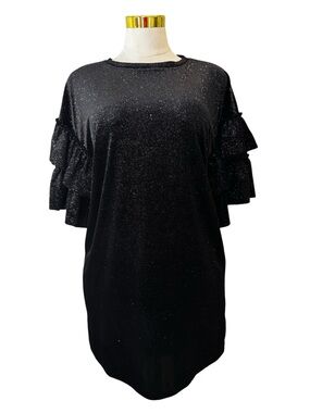 H&M Black Velour Mini Dress Medium LBD Glitter Sparkle Ruffle Tiered Sleeve